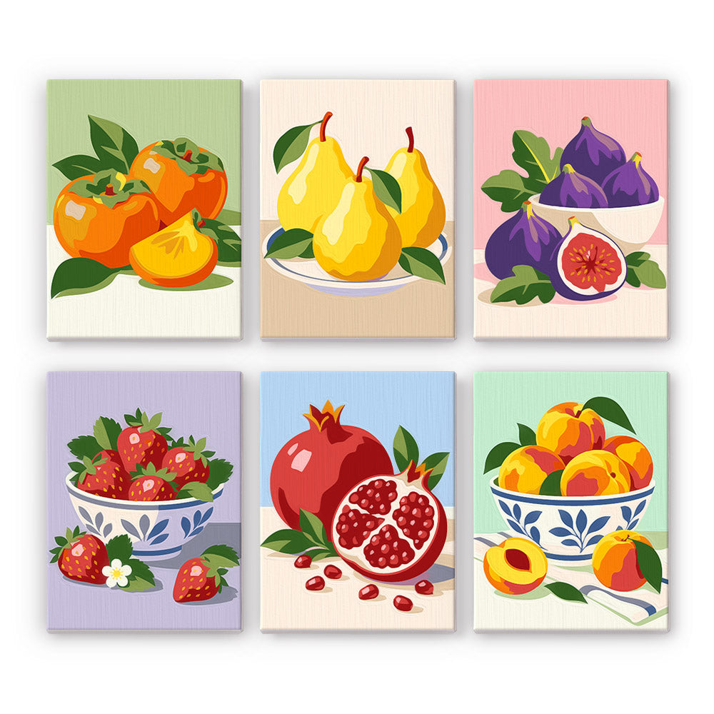 Fresh Fruit Bowls mini paint by numbers set: six designs of persimmons, pears, figs, strawberries, pomegranate and peaches