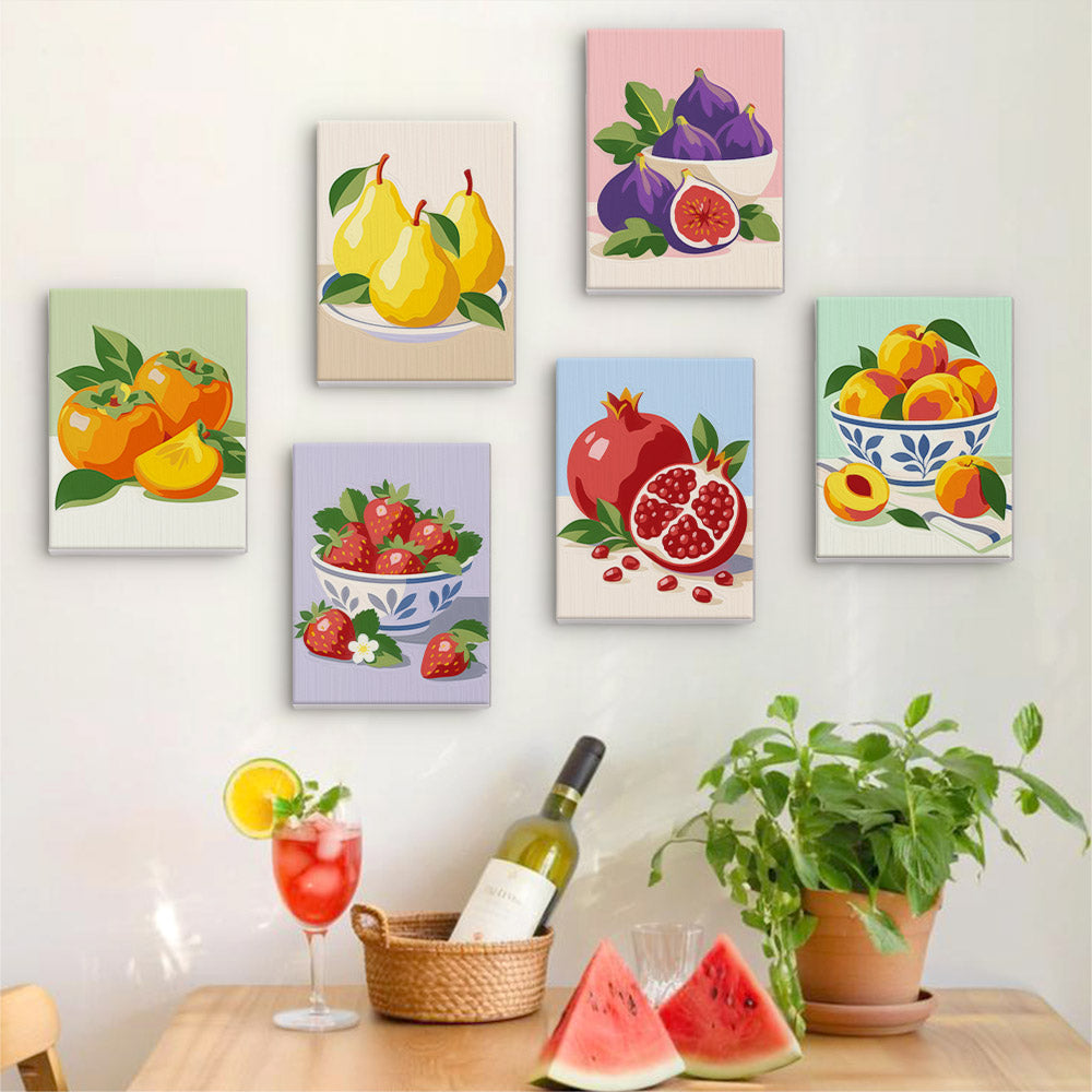 Six finished Fresh Fruit Bowls mini paintings hung on a wall above a table