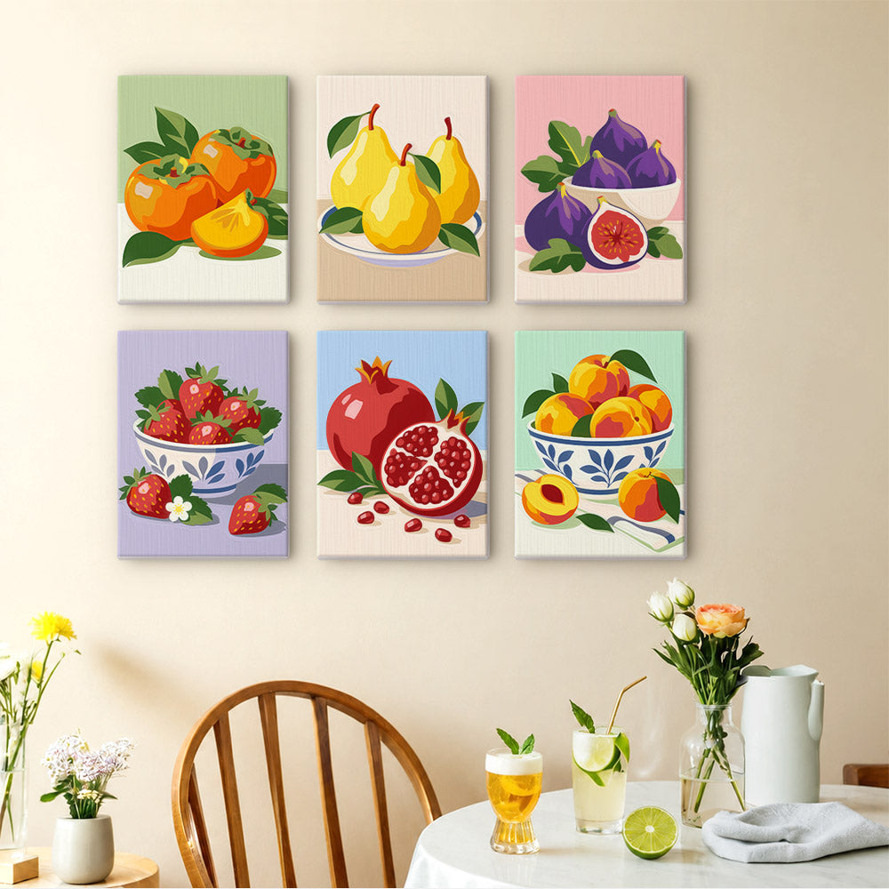 Fresh Fruit Bowls mini paintings displayed as a gallery wall in a sunny kitchen