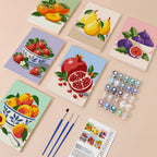Fresh Fruit Bowls mini paint by numbers kit with six numbered canvases, acrylic paints, brushes and layout