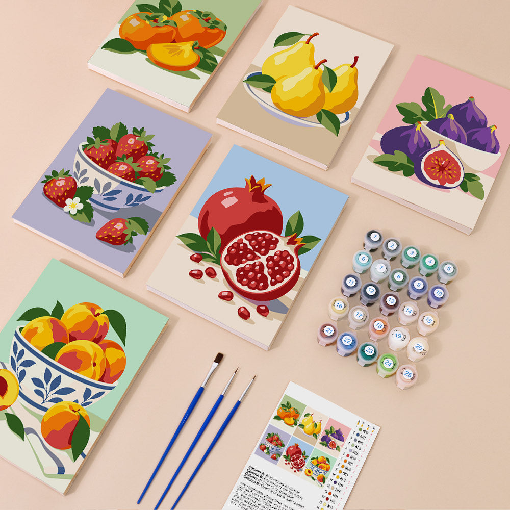 Fresh Fruit Bowls mini paint by numbers kit with six numbered canvases, acrylic paints, brushes and layout