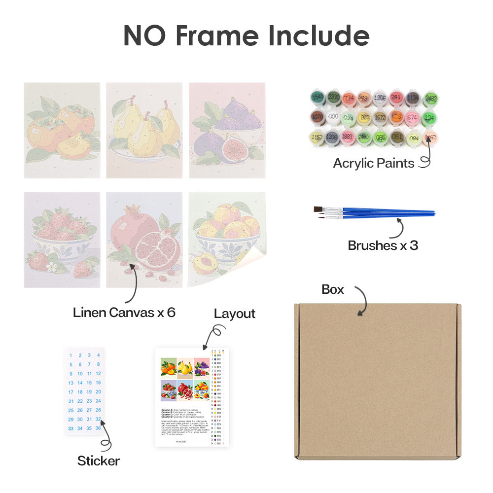 What's included without a frame: six rolled Fresh Fruit Bowls mini canvases, acrylic paints, three brushes and layout