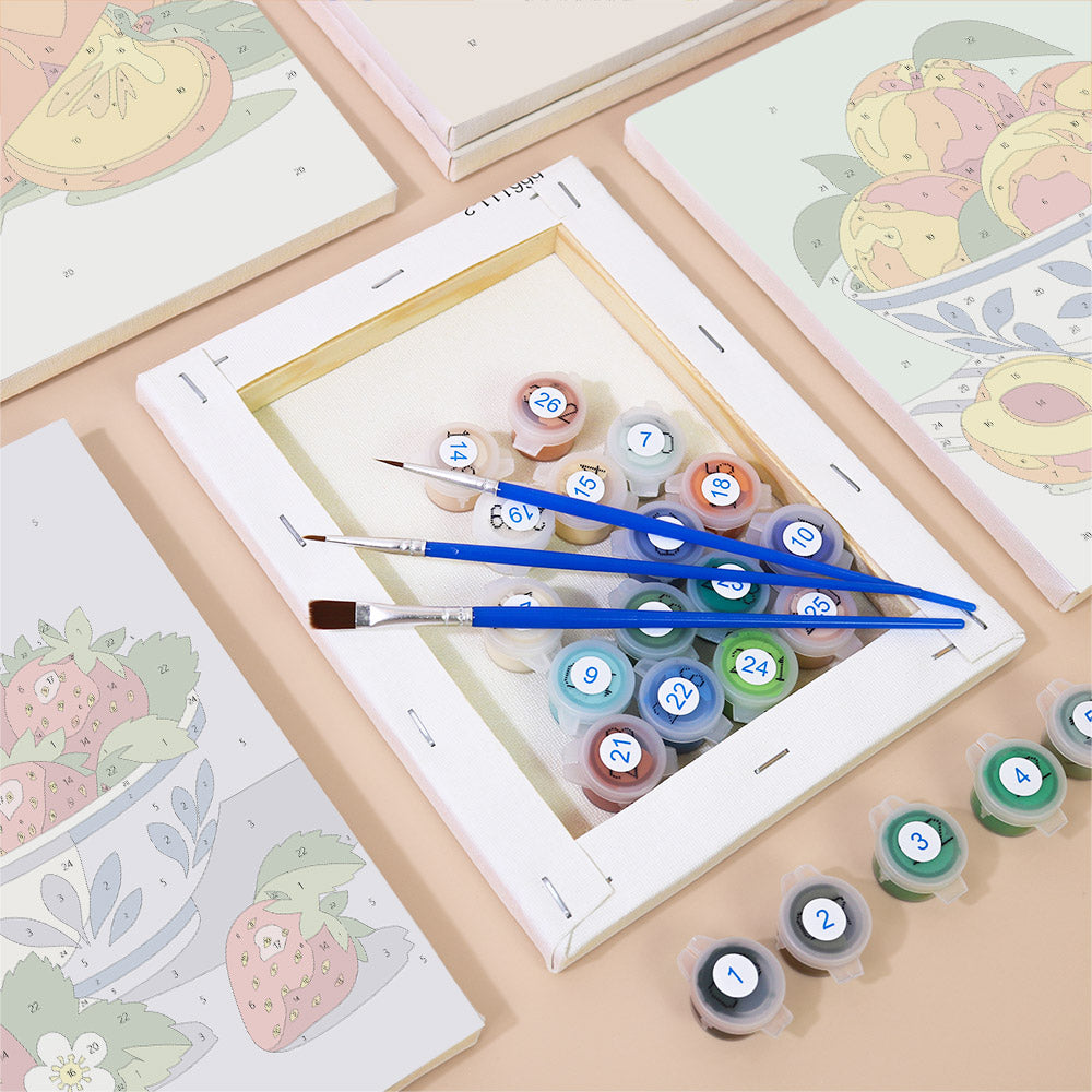 Numbered paint pots and brushes on a pre-stretched Fresh Fruit Bowls mini canvas