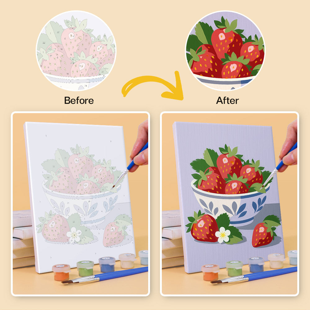 Before and after of a Fresh Fruit Bowls mini paint by numbers canvas