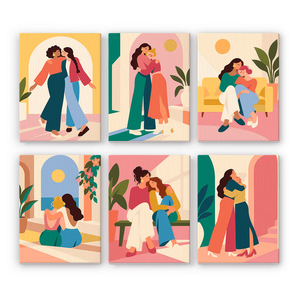 Friendship Hugs mini paint by numbers set: six pastel scenes of best friends hugging in sunny rooms