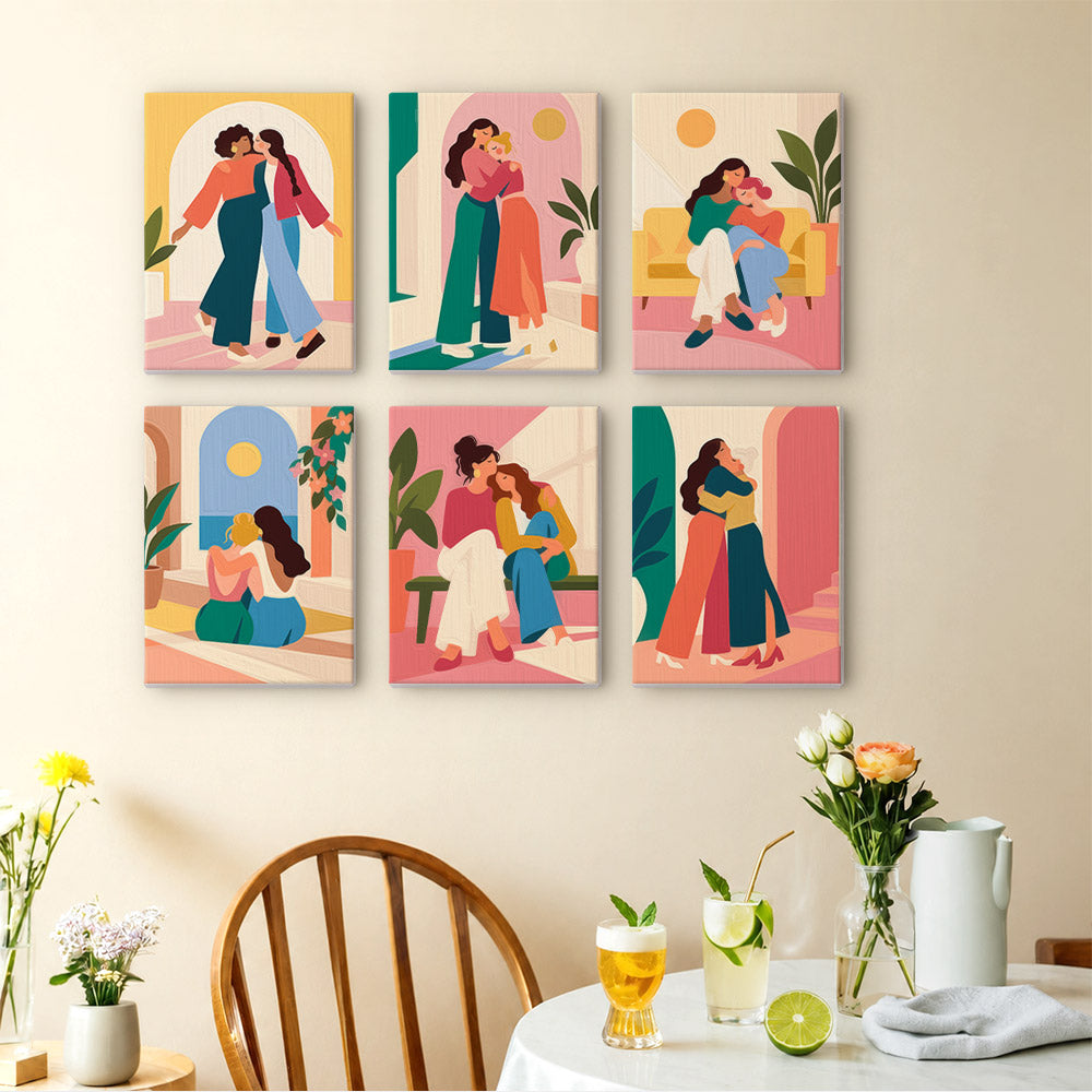 Friendship Hugs mini paintings displayed as a gallery wall in a sunny kitchen