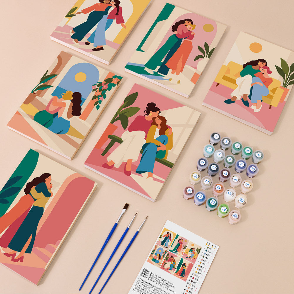 Friendship Hugs mini paint by numbers kit with six numbered canvases, acrylic paints, brushes and layout