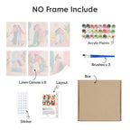 What's included without a frame: six rolled Friendship Hugs mini canvases, acrylic paints, three brushes and layout