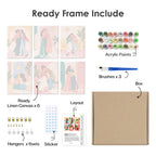 What's included pre-stretched on frame: six framed Friendship Hugs mini canvases, paints, three brushes, hangers and layout