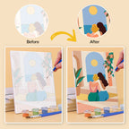 Before and after of a Friendship Hugs mini paint by numbers canvas