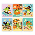 Frog Beach Halloween mini paint by numbers set: six costumed frogs enjoying a Halloween beach day with surfboards, pumpkin floats, umbrellas and sandcastles