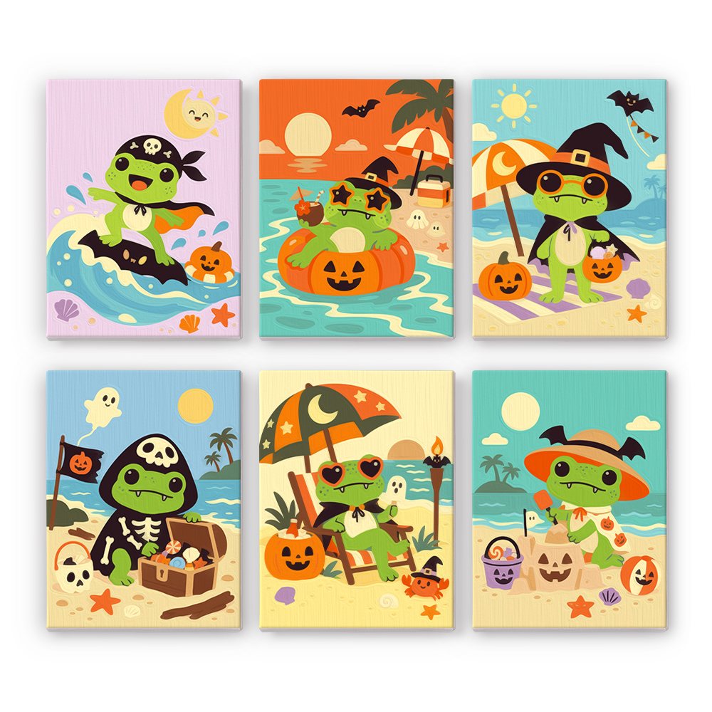 Frog Beach Halloween mini paint by numbers set: six costumed frogs enjoying a Halloween beach day with surfboards, pumpkin floats, umbrellas and sandcastles