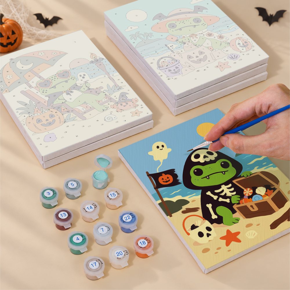 Frog Beach Halloween mini canvas shown rolled without a frame and pre-stretched on a frame