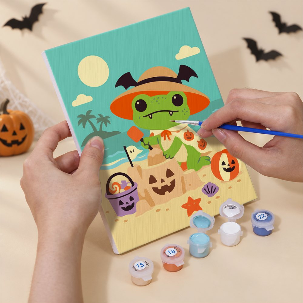 Numbered paint pots and brushes on a pre-stretched Frog Beach Halloween mini canvas