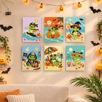 Before and after of a Frog Beach Halloween mini paint by numbers canvas