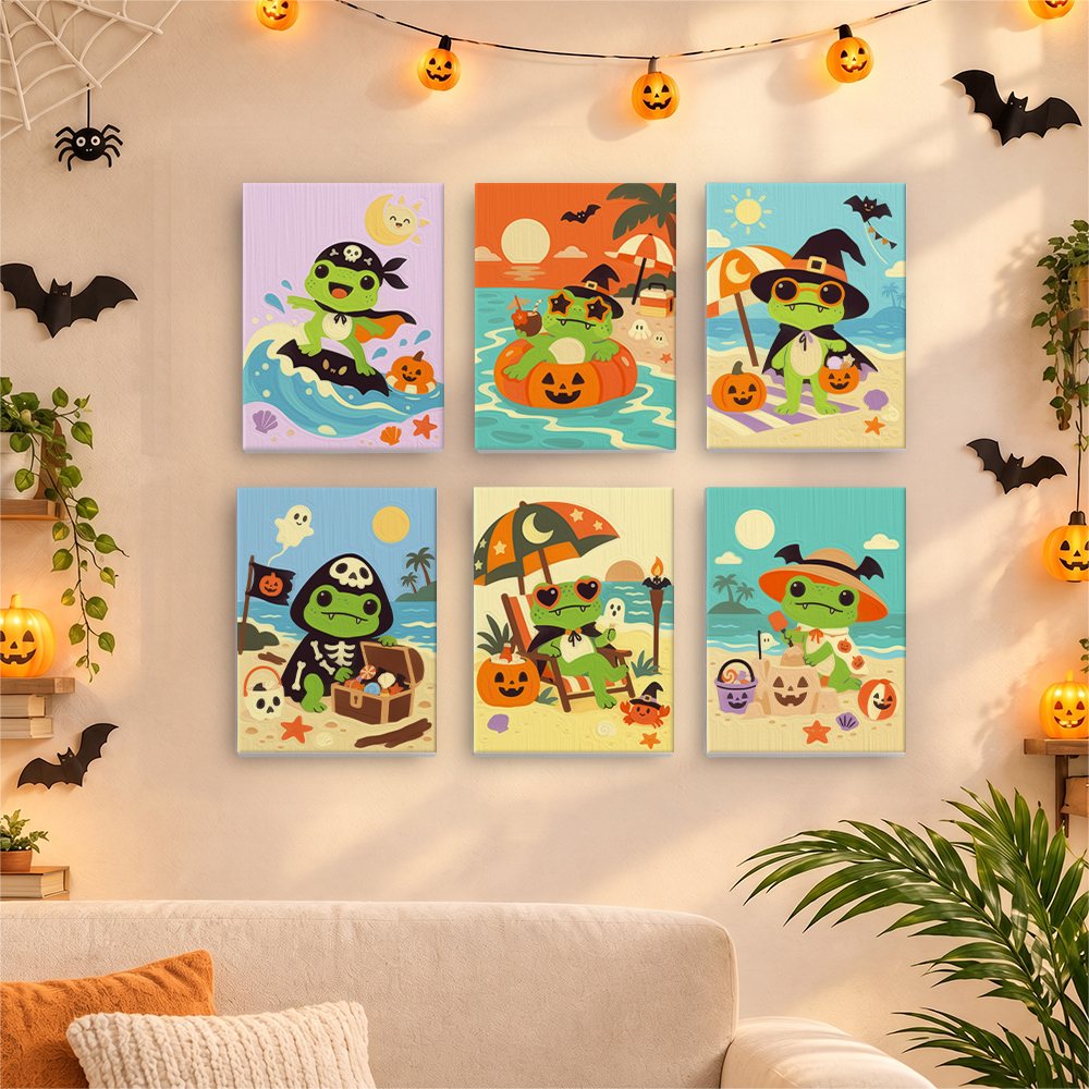 Before and after of a Frog Beach Halloween mini paint by numbers canvas