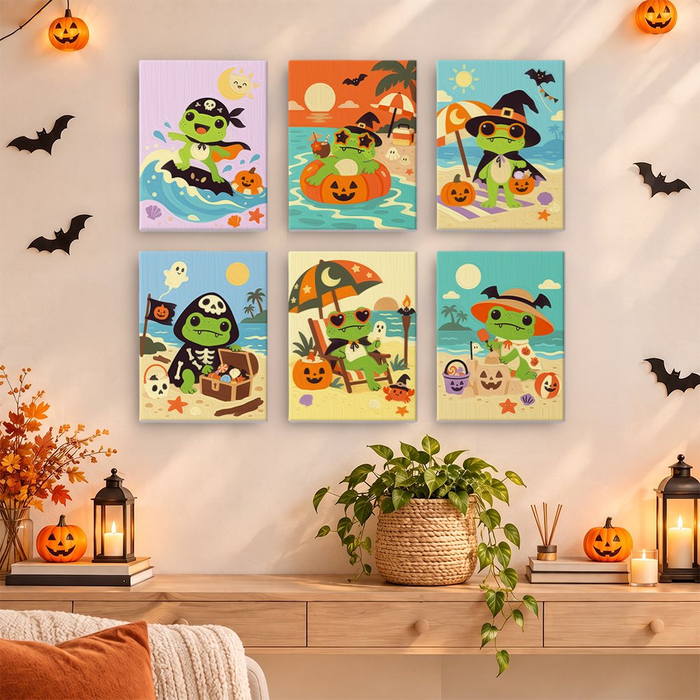 Painting a Frog Beach Halloween mini canvas propped up beside numbered acrylic paints