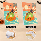 Six finished Frog Beach Halloween mini paintings hung on a wall above a table