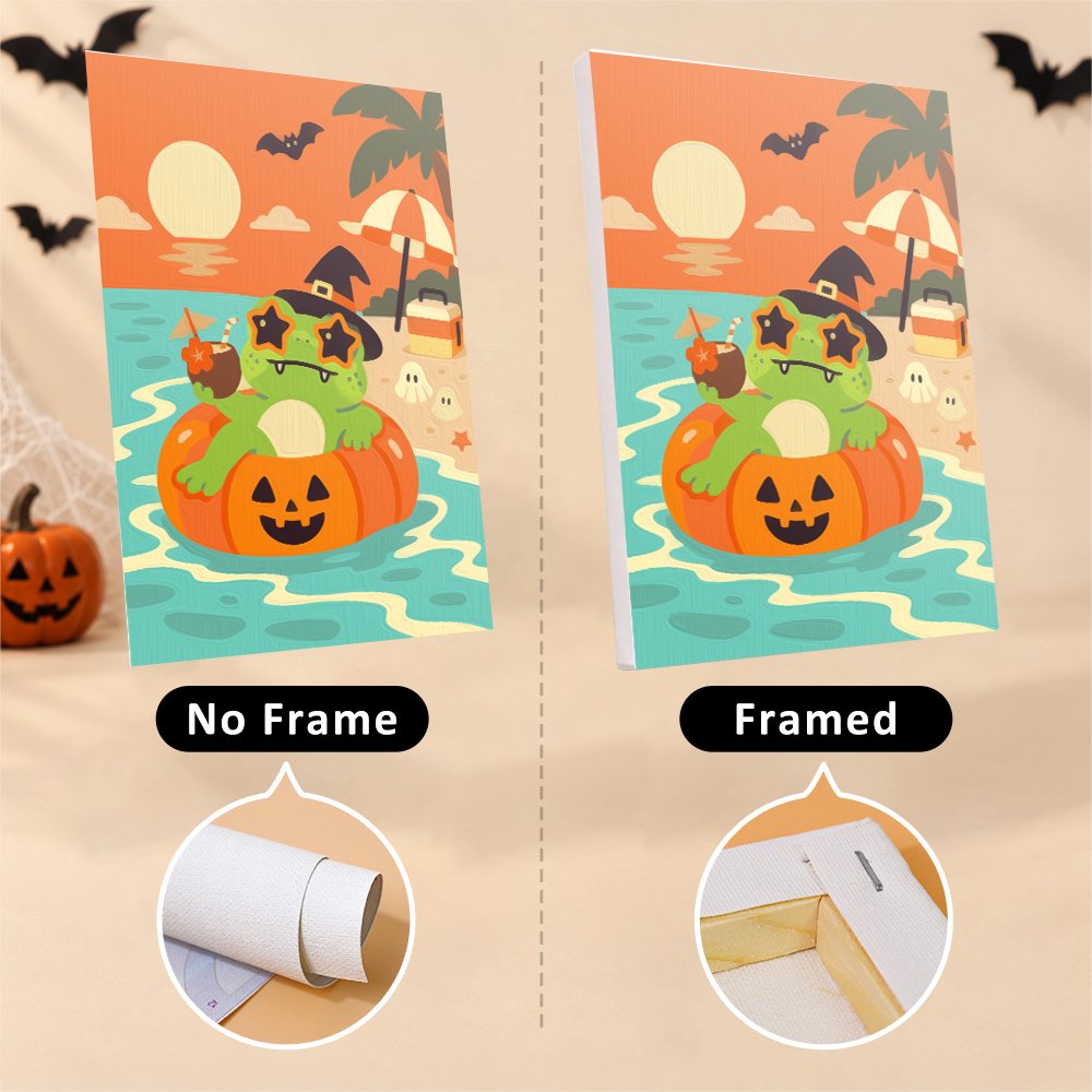 Six finished Frog Beach Halloween mini paintings hung on a wall above a table