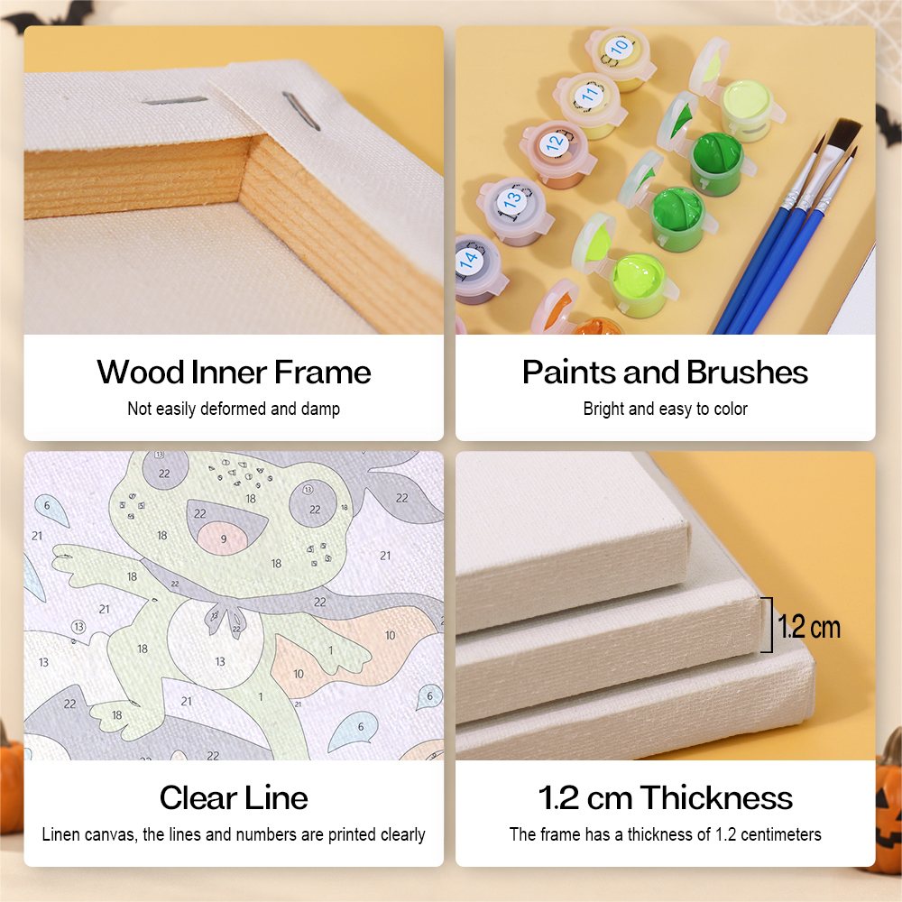 Frog Beach Halloween mini paint by numbers kit with six numbered canvases, acrylic paints, brushes and layout