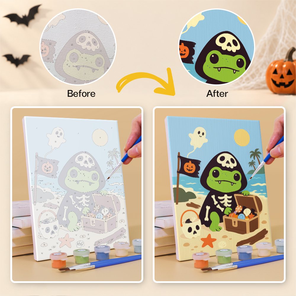 What's included without a frame: six rolled Frog Beach Halloween mini canvases, acrylic paints, three brushes and layout