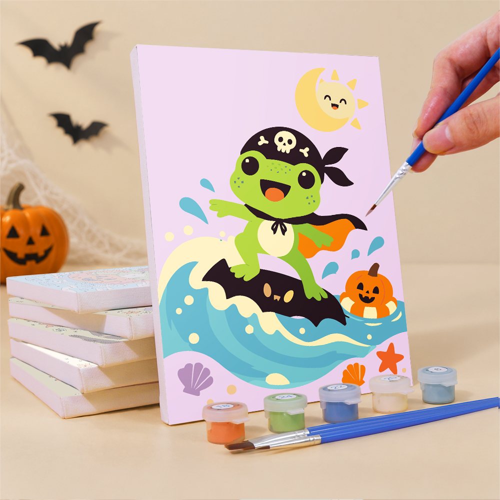 What's included pre-stretched on frame: six framed Frog Beach Halloween mini canvases, paints, three brushes, hangers and layout