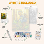 What's included in the Frog Rider paint by numbers kit: numbered linen canvas, reference sheet, color guide, 24 acrylic paints, 3 brushes and thank you card