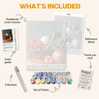 What's included in the From Earth to Table paint by numbers kit: numbered linen canvas, reference sheet, color guide, 24 acrylic paints, 3 brushes and thank you card