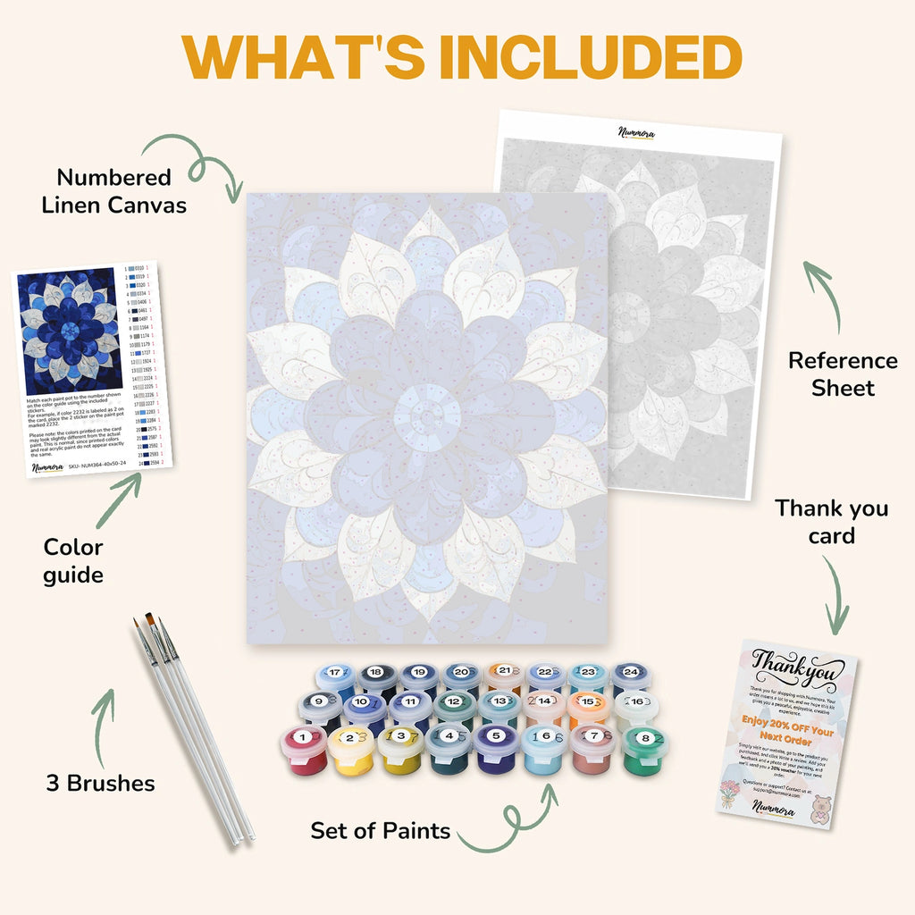 What's included in the Frozen Blossom paint by numbers kit: numbered linen canvas, reference sheet, color guide, 24 acrylic paints, 3 brushes and thank you card