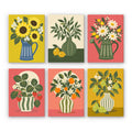 Fruit & Flower Jugs mini paint by numbers set: six still lifes of sunflowers, daisies, strawberries, oranges and pears in striped jugs
