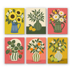Fruit & Flower Jugs mini paint by numbers set: six still lifes of sunflowers, daisies, strawberries, oranges and pears in striped jugs