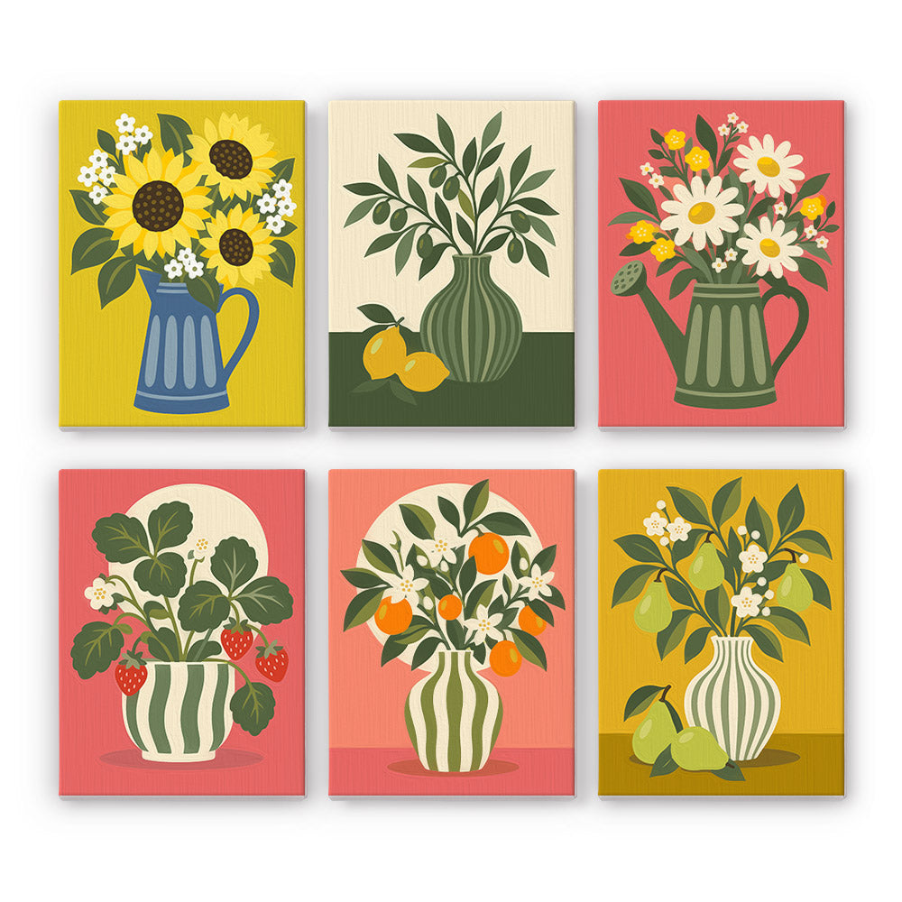 Fruit & Flower Jugs mini paint by numbers set: six still lifes of sunflowers, daisies, strawberries, oranges and pears in striped jugs