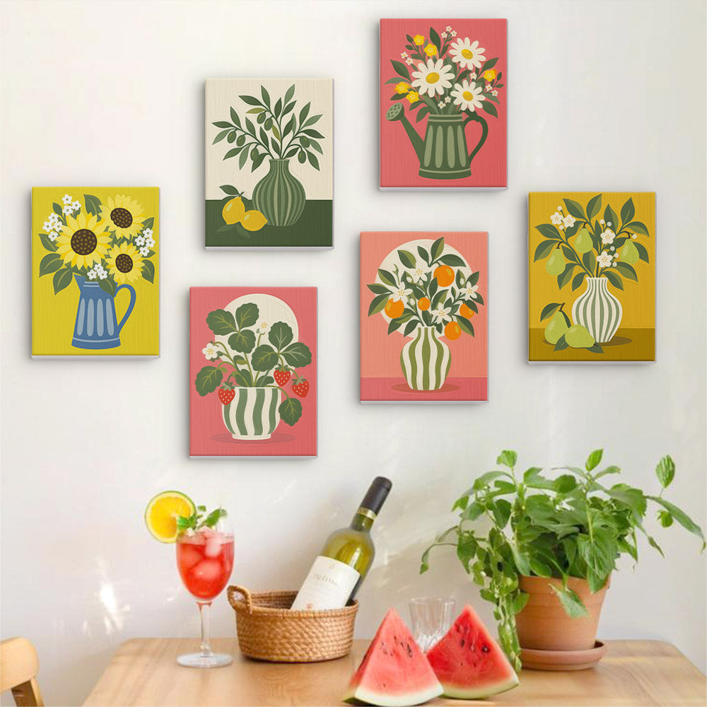Six finished Fruit & Flower Jugs mini paintings hung on a wall above a table