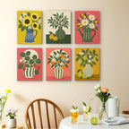 Fruit & Flower Jugs mini paintings displayed as a gallery wall in a sunny kitchen