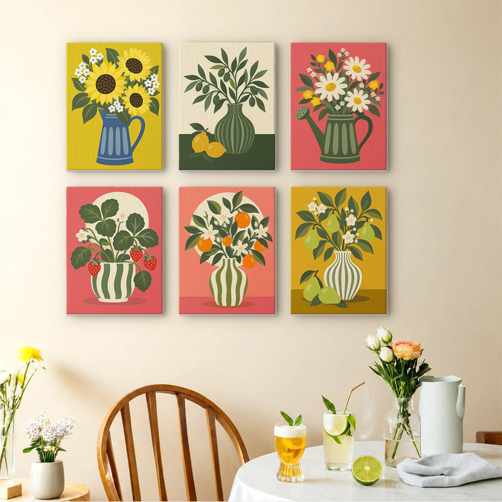 Fruit & Flower Jugs mini paintings displayed as a gallery wall in a sunny kitchen