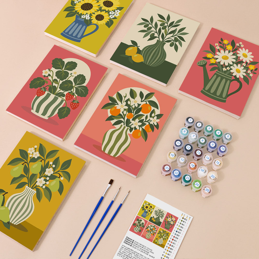 Fruit & Flower Jugs mini paint by numbers kit with six numbered canvases, acrylic paints, brushes and layout