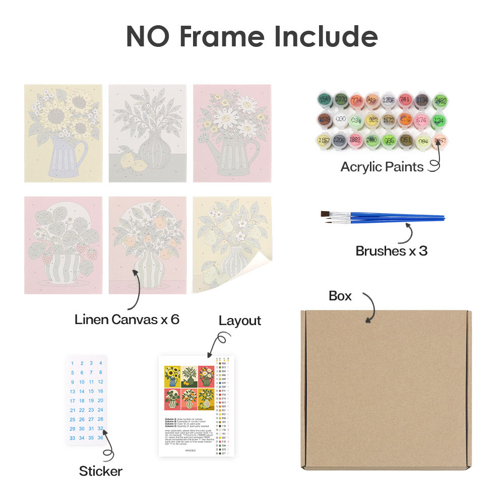 What's included without a frame: six rolled Fruit & Flower Jugs mini canvases, acrylic paints, three brushes and layout