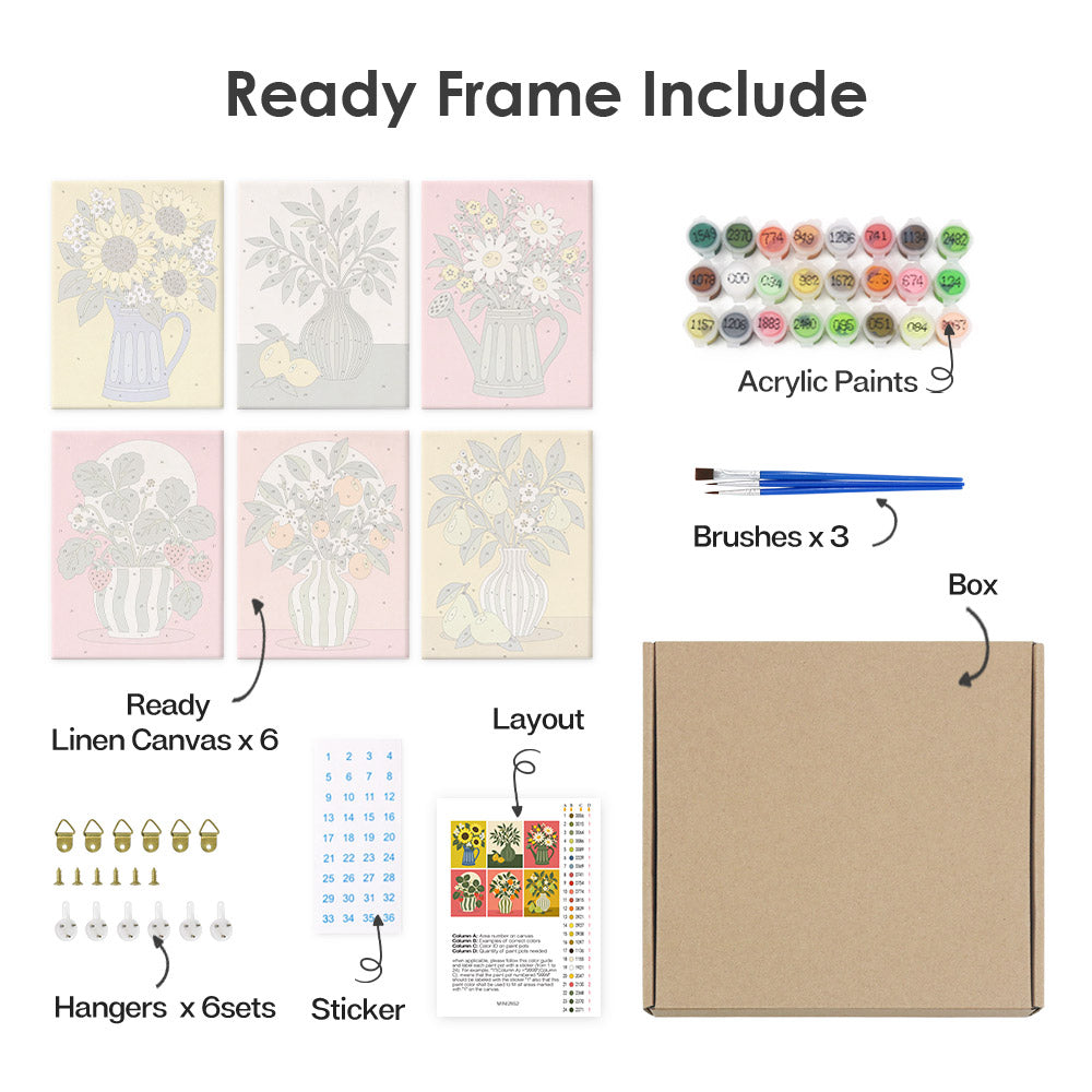 What's included pre-stretched on frame: six framed Fruit & Flower Jugs mini canvases, paints, three brushes, hangers and layout
