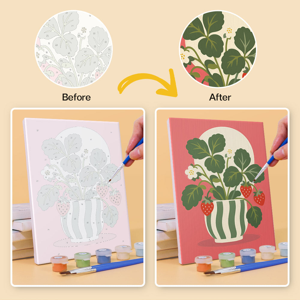 Before and after of a Fruit & Flower Jugs mini paint by numbers canvas