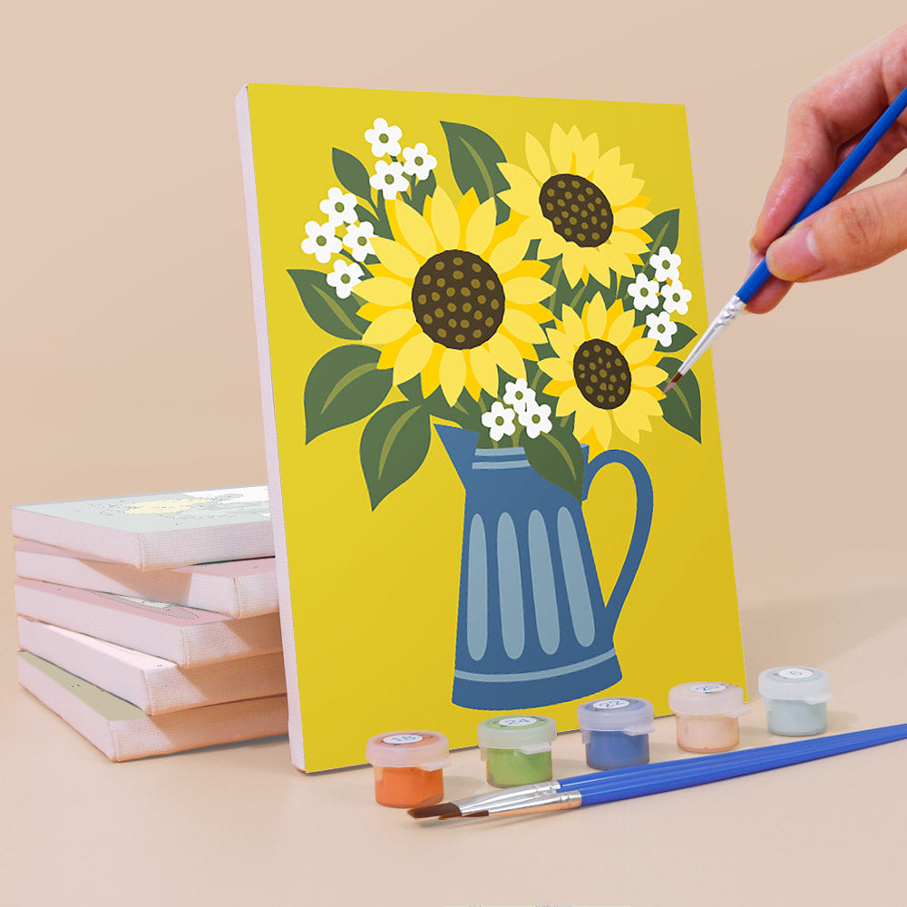 Painting a Fruit & Flower Jugs mini canvas propped up beside numbered acrylic paints