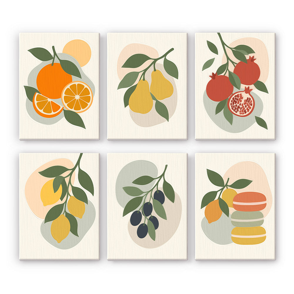 Fruit Branches mini paint by numbers set: six botanical designs of oranges, pears, pomegranates, lemons, olives and macarons