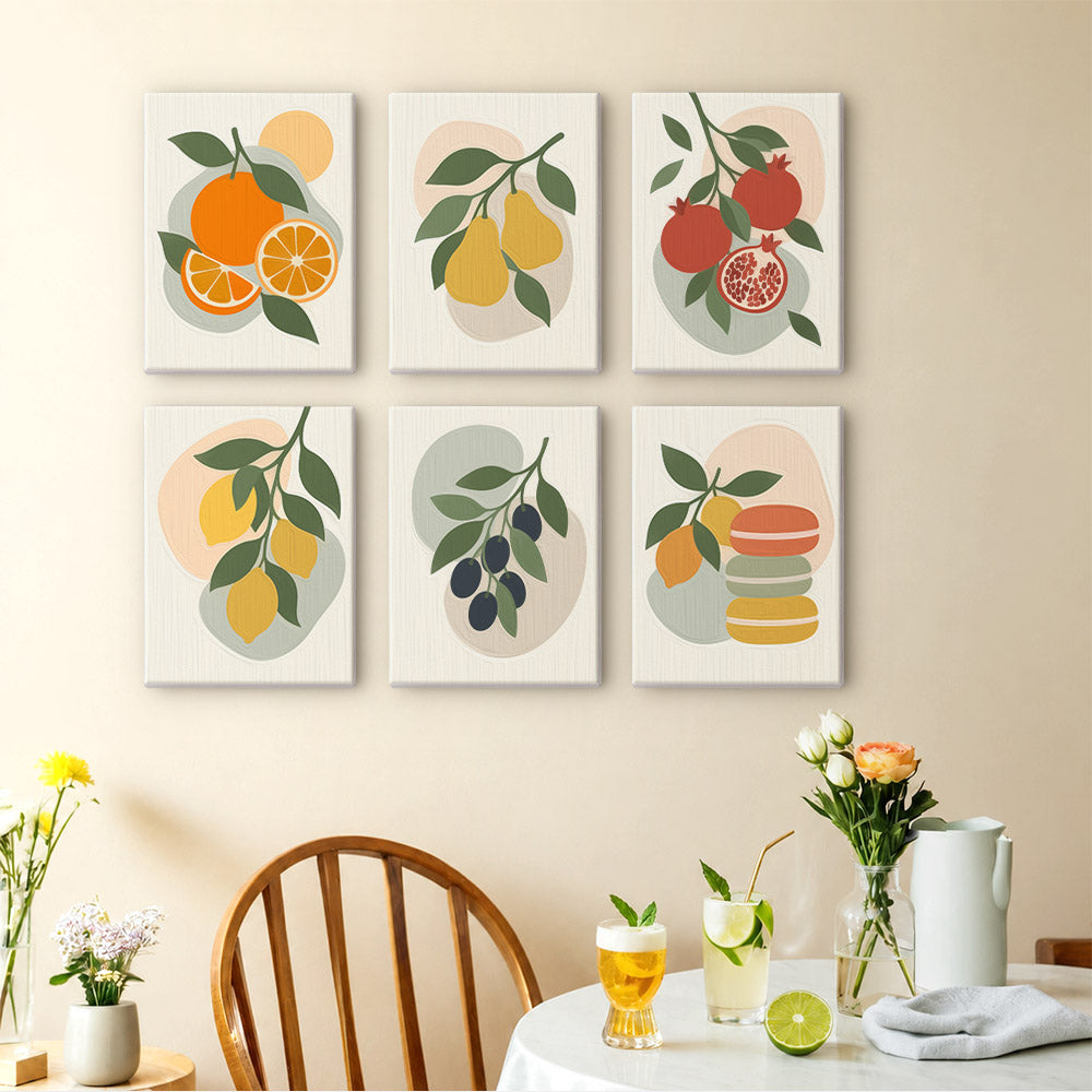 Fruit Branches mini paintings displayed as a gallery wall in a sunny kitchen
