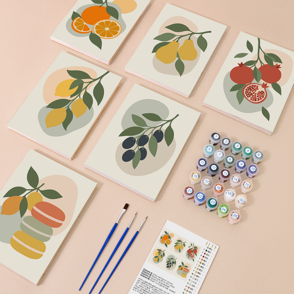 Fruit Branches mini paint by numbers kit with six numbered canvases, acrylic paints, brushes and layout