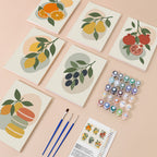 Fruit Branches mini paint by numbers kit with six numbered canvases, acrylic paints, brushes and layout