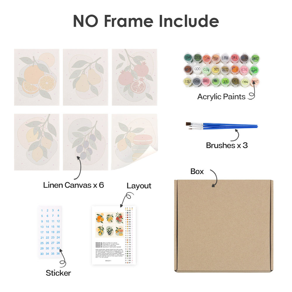 What's included without a frame: six rolled Fruit Branches mini canvases, acrylic paints, three brushes and layout