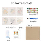 What's included without a frame: six rolled Fruit Branches mini canvases, acrylic paints, three brushes and layout