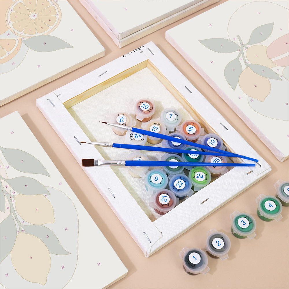 Numbered paint pots and brushes on a pre-stretched Fruit Branches mini canvas
