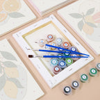 Numbered paint pots and brushes on a pre-stretched Fruit Branches mini canvas