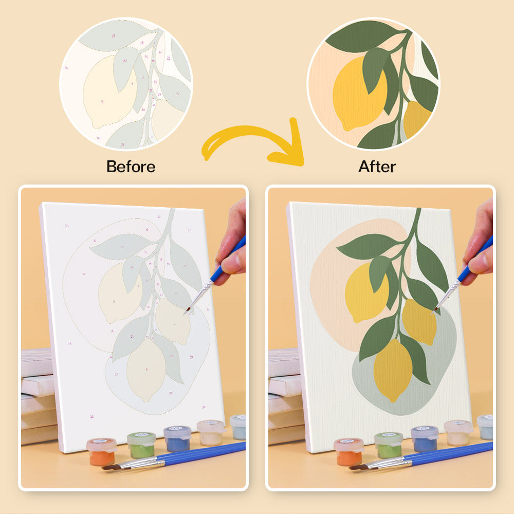 Before and after of a Fruit Branches mini paint by numbers canvas