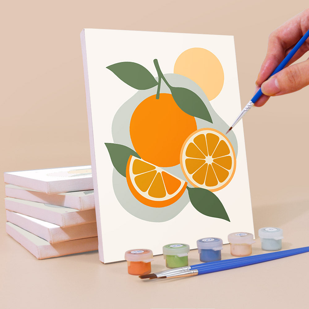Painting a Fruit Branches mini canvas propped up beside numbered acrylic paints